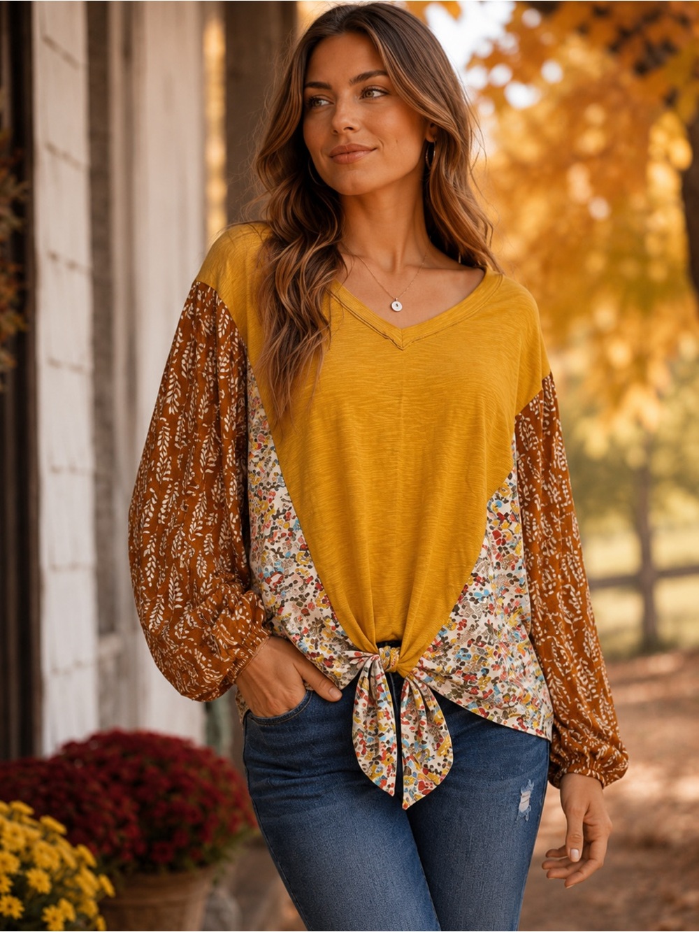 GiGiO USA Mustard Floral Mixed Print Boho Tie Front Top Size Large NWT